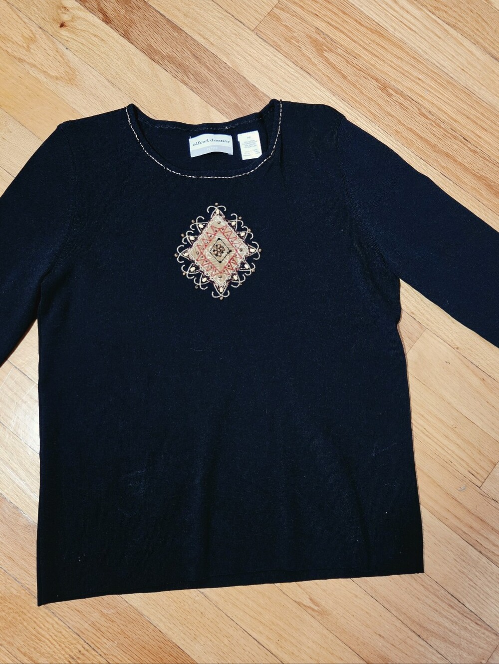 Alfred Dunner Black Crewneck Sweater with Embroidered Medallion